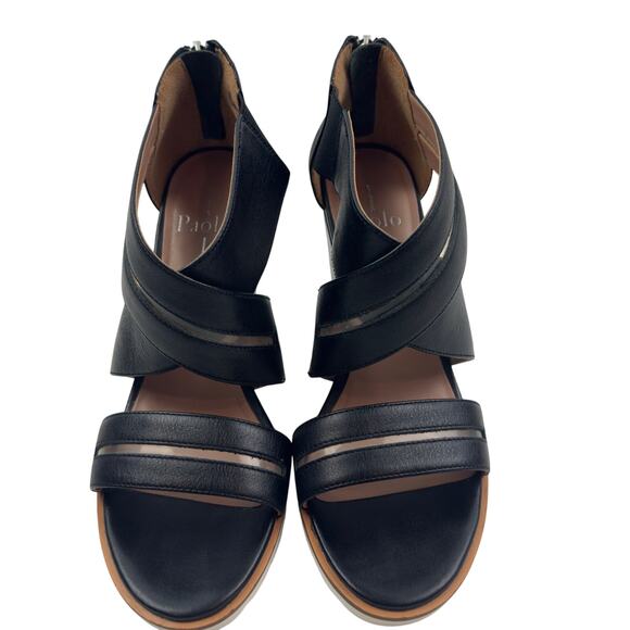 Linea Paolo Elana Black Leather Clear Strap Wedge Sandals Women's Size 6 - Picture 2 of 10